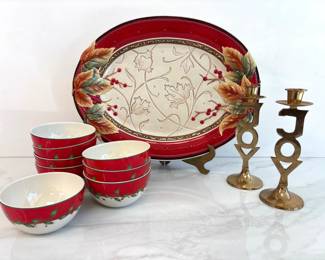 Lot 8831 Fitz  Floyd Bountiful Holiday Platter  Lenox Holiday Bowls  Joy Brass Candlesticks