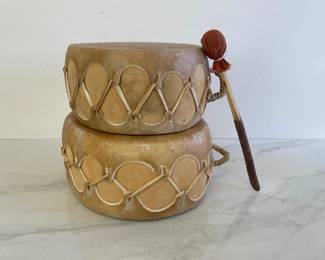Lot 9192 Pair of Handmade Pueblo Native American Rawhide Ceremonial Drums Signed Cochiti Ray Ray Gallegos
