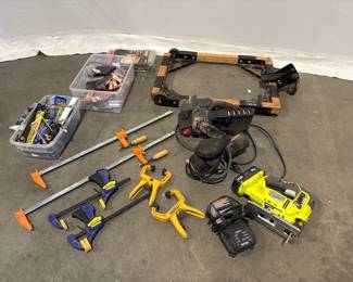 Lot 8588 Woodworking Tools  Craftsman Belt Sander  Sheet Sander  Ryobi Jigsaw  Delta Tool Stand  Accessories