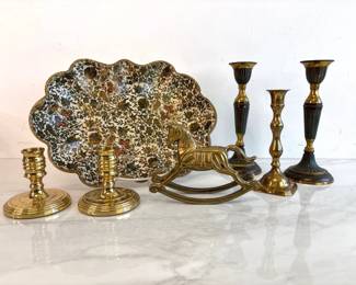 Lot 9147 Vintage Japanese Dish  Brass Horse  Candlesticks