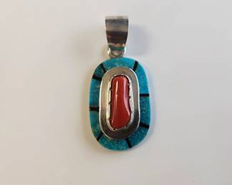 Lot 9014 Richard Begay Navajo Sterling Silver Turquoise  Coral Pendant