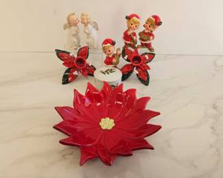 Lot 8928 Vintage Christmas Figures  Poinsettia Bowl  Candleholders  Trinket Box