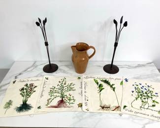 Lot 8951 Studio Pottery Pitcher  Iron Candle Holders  French Cotton Napkins