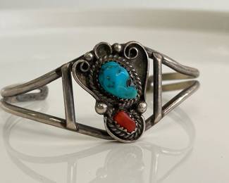 Lot 9214 Sterling Silver Navajo Turquoise Coral Cuff Bracelet