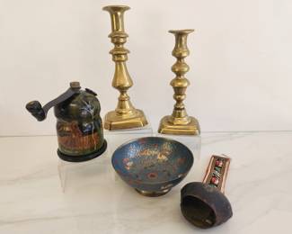 Lot 8762 Brass Candlesticks  Handpainted Coffee Grinder  Swedish Cowbell  Painted Brass Bowl