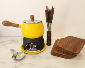 Lot 9081 Vintage MCM Enameled Fondue Pot  Fork Picks  Cheese Boards