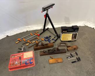 Lot 8587 Woodworking Tools  Vintage Planers  Grizzly Mortising Attachment Kit  Craftsman Roller Stand  Clamps