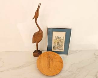 Lot 9039 Carved Wooden Crane  Notre Dame Watercolor Art  Wooden Plate