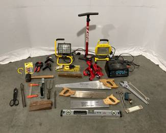 Lot 9386 Assorted Tools  Lights  Garage Accessories