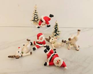 Lot 8932 Fitz and Floyd Tumbling Santas  Reindeer  Vintage Flocked Trees