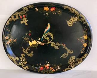 Lot 9238 Large Vintage Hand Painted Bird Floral Toleware Tray