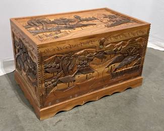 Lot 9376 Vintage Carved Wood Trunk w Inside Storage Tray