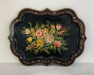 Lot 9232 Vintage Toleware Hand Painted Floral Tray