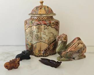 Lot 9021 Japanese Porcelain Satsuma Jar  Stone Animal Carvings