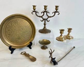 Lot 9165 Brass Deer Candle Snuffer  Platter  Candle Holders etc