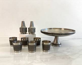Lot 9008 Scandinavian Pewter Pedestal Compote Stand  Shot Glasses  SaltPepper Shaker