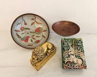 Lot 8994 Painted Brass Bowls  Unicorn Tapestry Box  Gold Leaf Lion Trinket Box