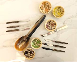 Lot 8988 Carved Antler Serving Spoon  German Solingen Knives  Small Iranian Bowls
