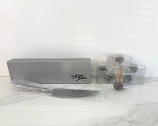 Lot 8811 Reed  Barton Stainless Steel Pie Server  Pewter Hedgehog Toothpick Holders