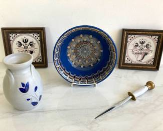 Lot 9189 Williamsburg Pottery Vase  Bulgar Ceramic Bowl  Sheffield Steel Letter Opener  Antique Painted Tiles