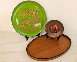 Lot 9038 Vintage Trays  Butterflies  Oval Wood Made in Japan  Copper Enameled Plate