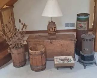 Primitives, Wooden Trunk, Wooden Barrels, And Lamp