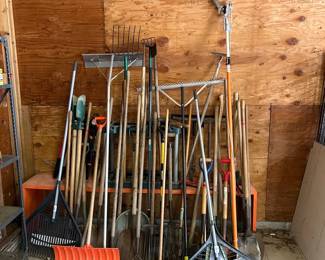 Huge Lot Of 40 Hand Tools  Racks, Shovels, Axes,  More