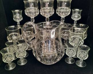 Antique EAPG Glass Pitcher With 18 Goblets