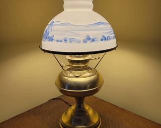Brass Table Lamp with Painted Glass Shade