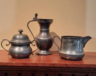 Early Pewter Pitcher and Vessels