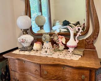 Antique Style Oak Dresser with Serpentine Mirror