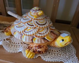Vintage turtle ceramic tureen with ladle