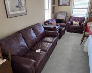 Leather Couch, 2 Matching Chairs and Foot Stools