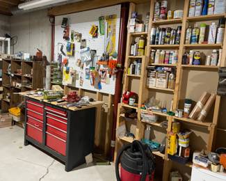 Basement workshop, tools, paints, and more
