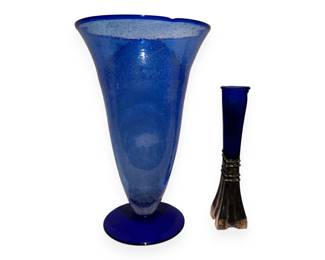 Two Mexican Hand Blown Cobalt Blue Vases