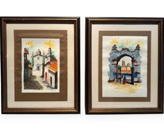 A Pair of Framed Watercolors by Ruiz, Mexican Folk Art Village Scenes