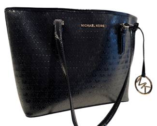 Michael Kors Jet Set Travel Medium Carryall Tote, Black Patent MK Signature Embossed