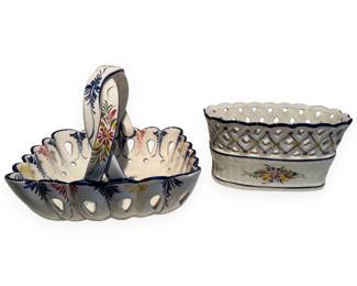 A Pair of RCCL Portuguese Hand-Painted Floral Ceramic Basket and Planter