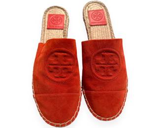 New Tory Burch Benton Orange Suede Espadrille Mules, Size 8