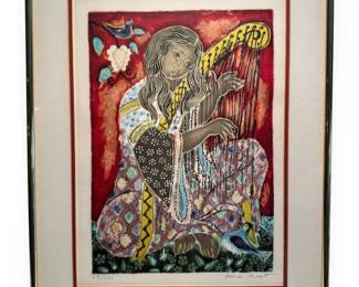Irene Awret (Israeli/German, 20th Century), 'The Harp Player,' Signed and Numbered Lithograph 218/250