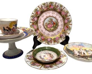 A Collection of Six Rococo-Revival 'Fragonard Love Story' Porcelain Items