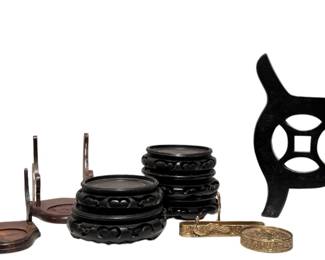 A Group of Chinese Carved Wood Display Stands and Decorative Items