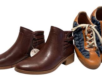 A Pair of Baretraps Medley Booties and a Pair of Michael Kors Monogram Sneakers