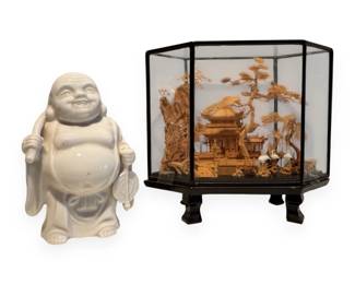 A Chinese Cork Carving Diorama and a Lenwil China ArdalY Japan Laughing Buddha Figurine