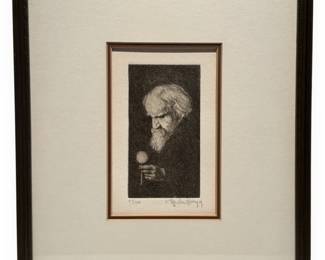 Wallace Bragg, Limited Edition Etching, Bearded Man with Dandelion, 1979