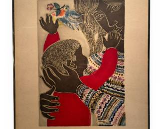 Irene Awret (Israeli, 20th Century), 'Mother and Child with Bird Holding a Flower' Lithograph