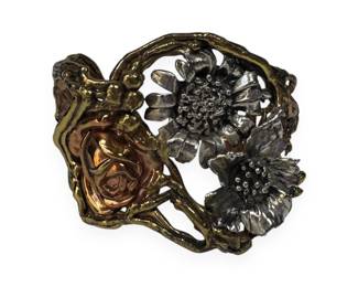 Stanley Hagler Stamped Brass Flower Crescent Wreath Mixed Metal Cuff Bracelet