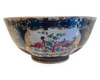 A Modern Chinese Porcelain Punch Bowl in 18th Century Worcester-Style 'Blue Scale' and 'Exotic Birds' Pattern