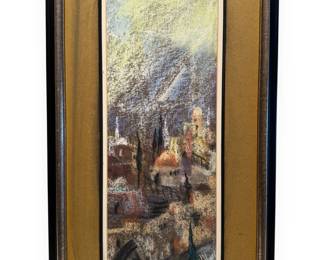 Framed Expressionist Pastel or Chalk Drawing of a Cityscape, Signed 'Eli TRU...'