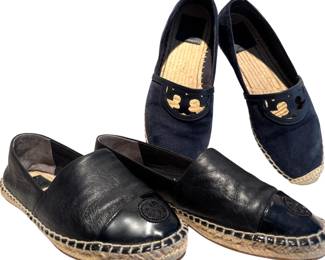 Two Pairs of Tory Burch Women's Espadrille Flats: Navy Suede 'Ines' and Black Leather